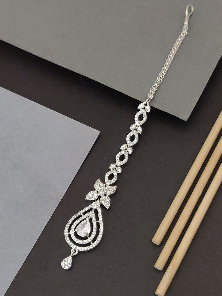 Silver Plated Teardrop Floral Maangtikka | SHOBITAM