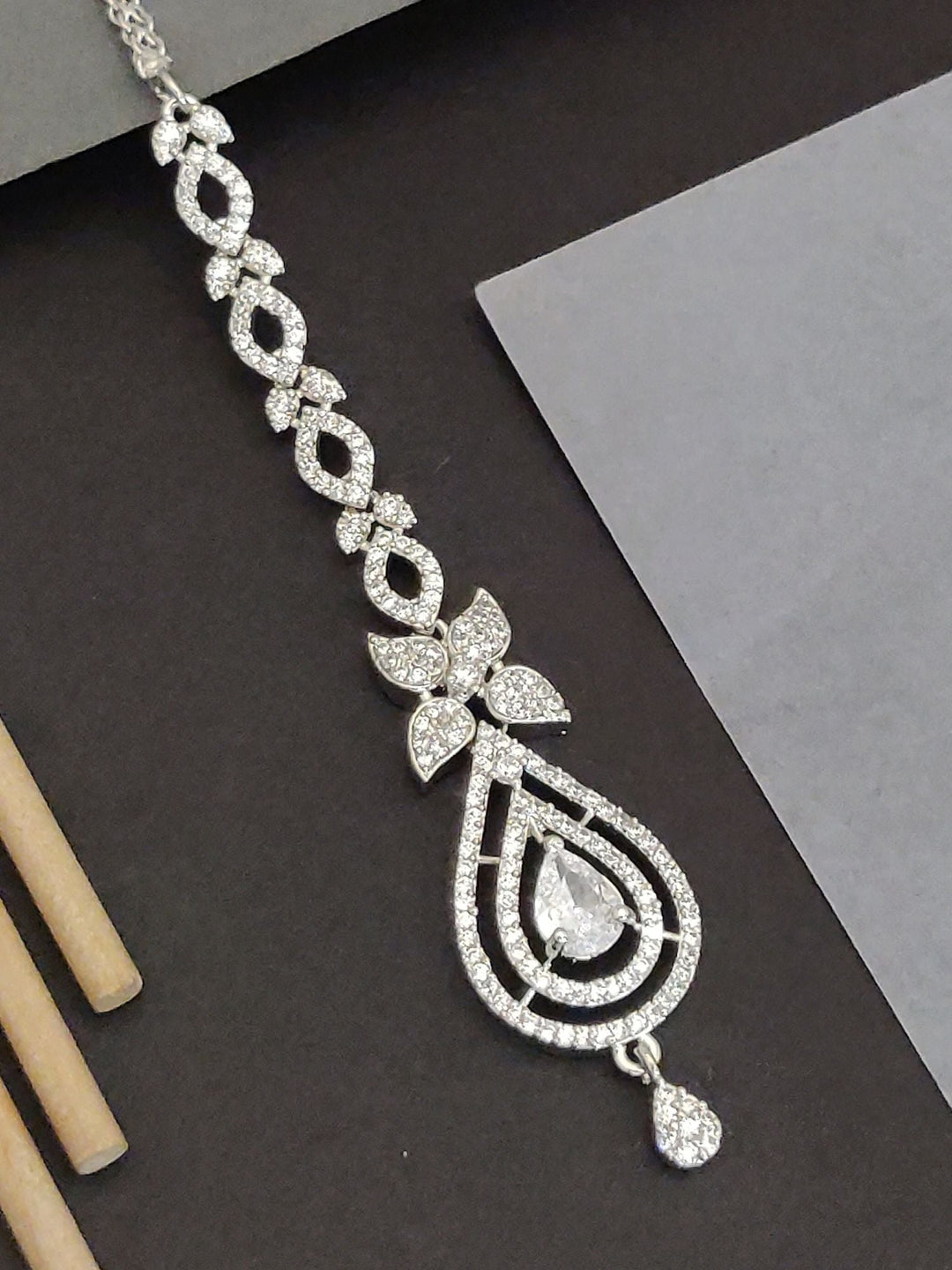 Silver Plated Teardrop Floral Maangtikka | SHOBITAM