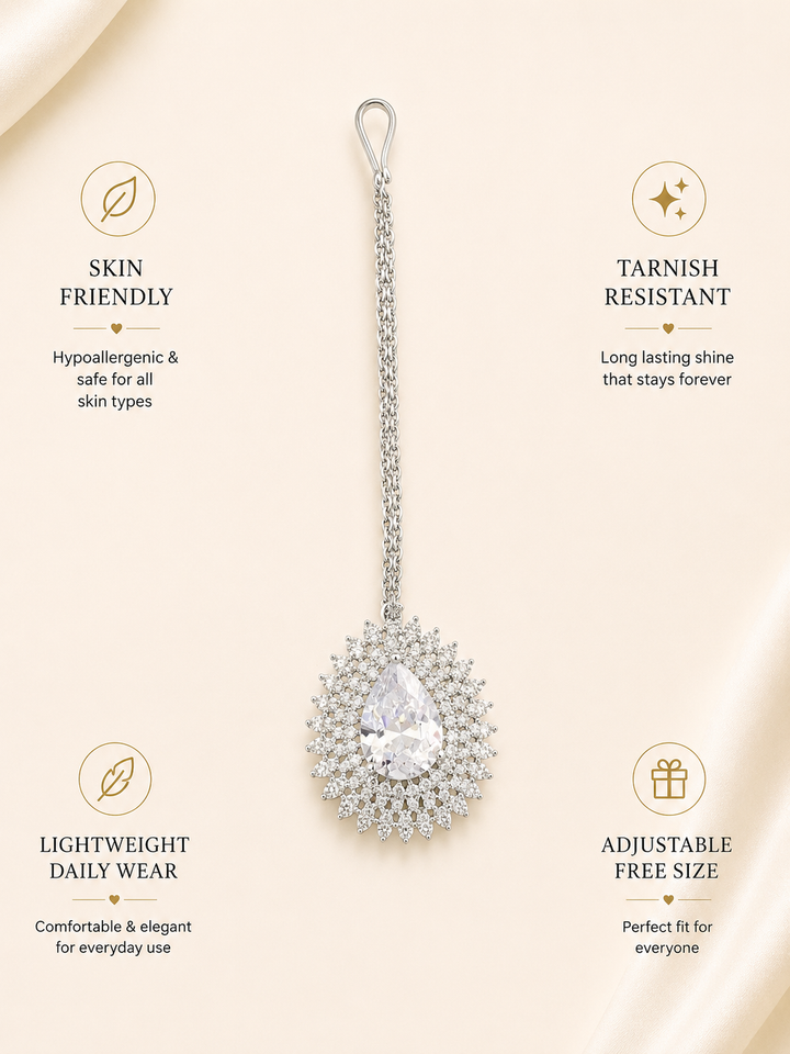 Wedding Silver Drop CZ Maangtikka for Women | SHOBITAM