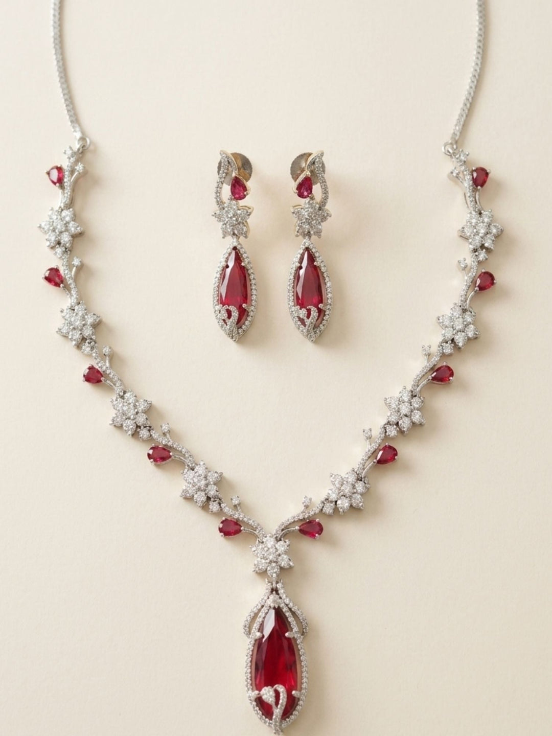Floral American Diamond Blue Stone Necklace Set | SHOBITAM