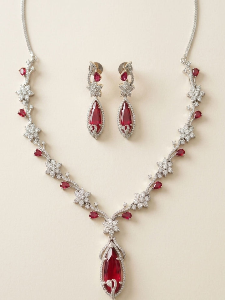 Floral American Diamond Blue Stone Necklace Set | SHOBITAM
