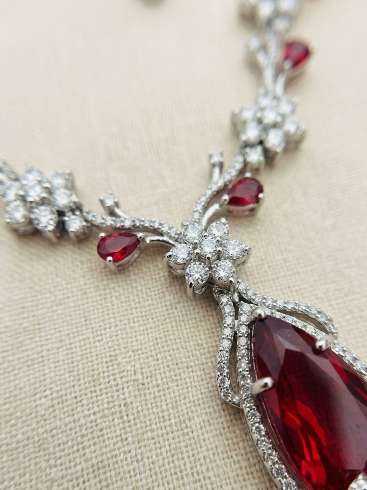 Floral American Diamond Blue Stone Necklace Set | SHOBITAM