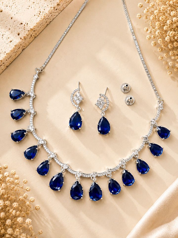 Royal Blue American Diamond Necklace Set Regal Glam | SHOBITAM