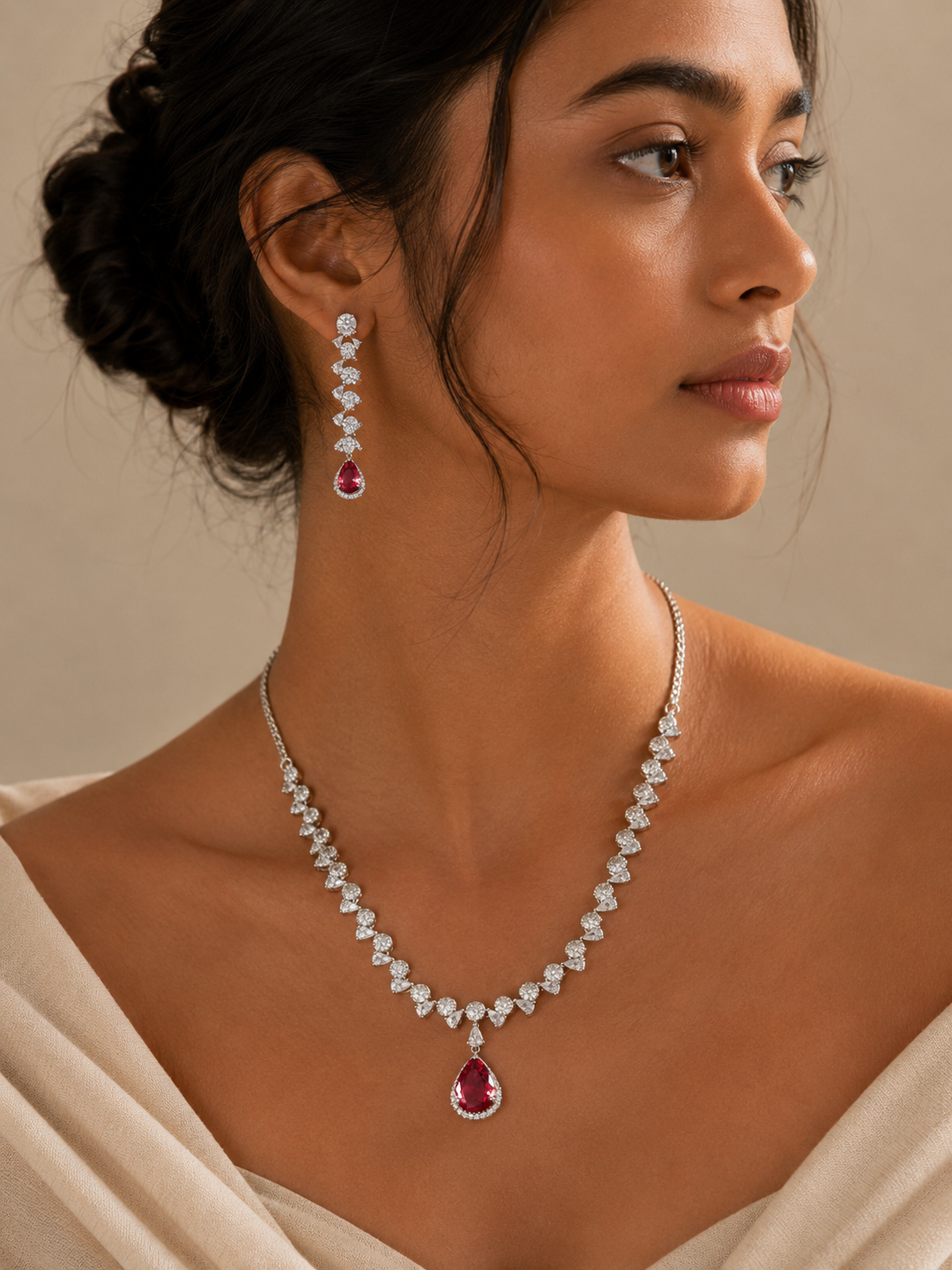 Ruby Red American Diamond Necklace Set – Regal Glam | SHOBITAM
