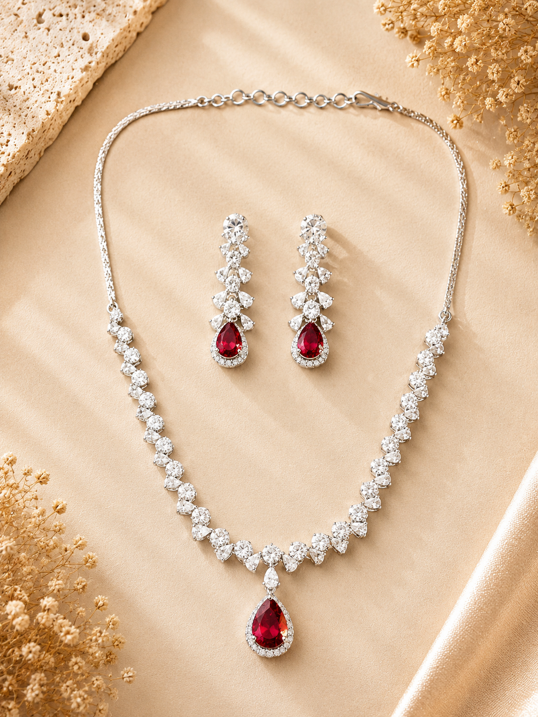 Ruby Red American Diamond Necklace Set – Regal Glam | SHOBITAM