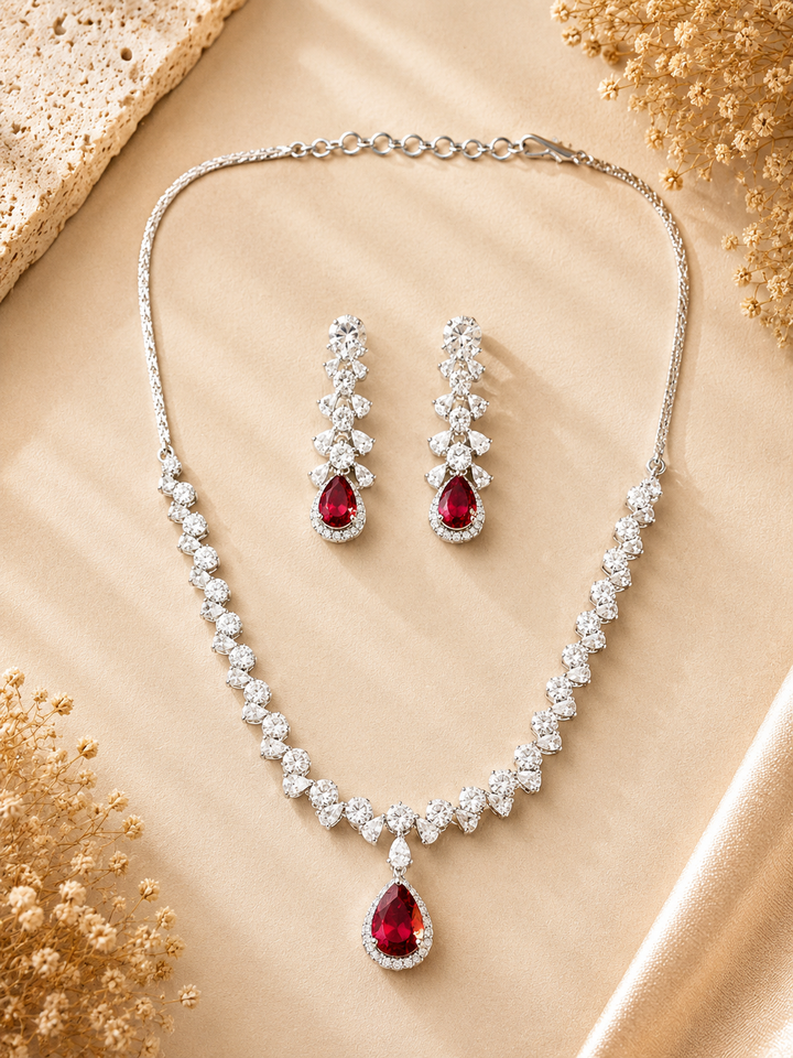 Ruby Red American Diamond Necklace Set – Regal Glam | SHOBITAM