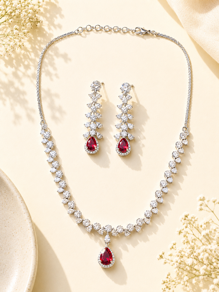 Ruby Red American Diamond Necklace Set – Regal Glam | SHOBITAM