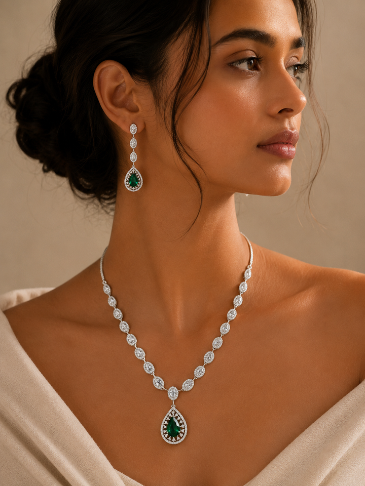 Silver Plated Green Stone Jewellery Set – Luxury Glam | SHOBITAM