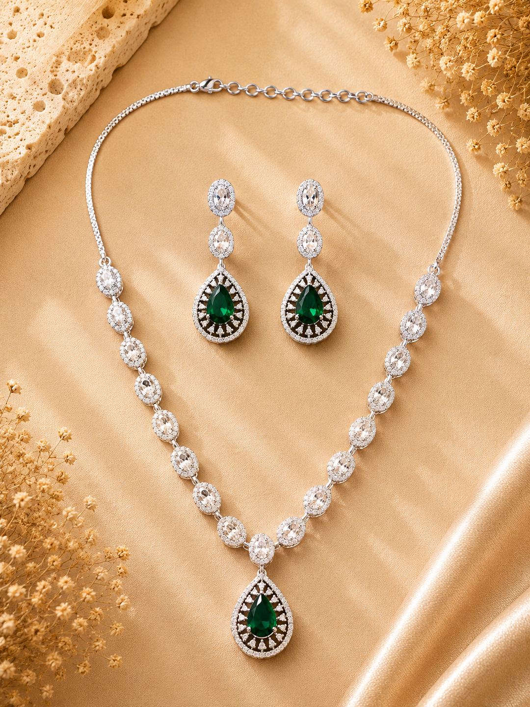 Silver Plated Green Stone Jewellery Set – Luxury Glam | SHOBITAM