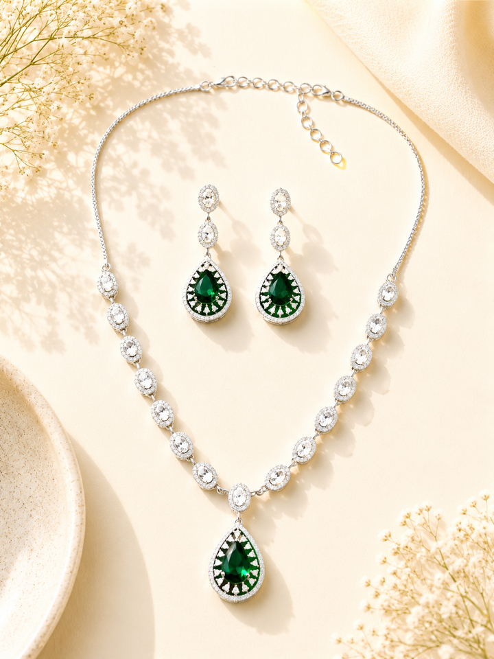 Silver Plated Green Stone Jewellery Set – Luxury Glam | SHOBITAM