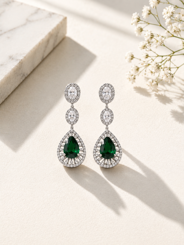Silver Plated Green Stone Jewellery Set – Luxury Glam | SHOBITAM