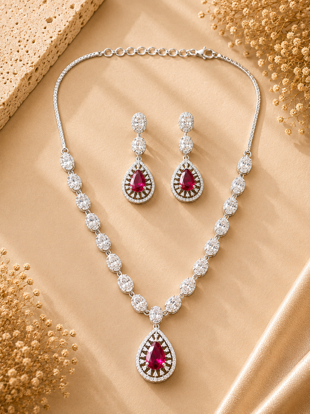 Silver Plated Green Stone Jewellery Set – Luxury Glam | SHOBITAM