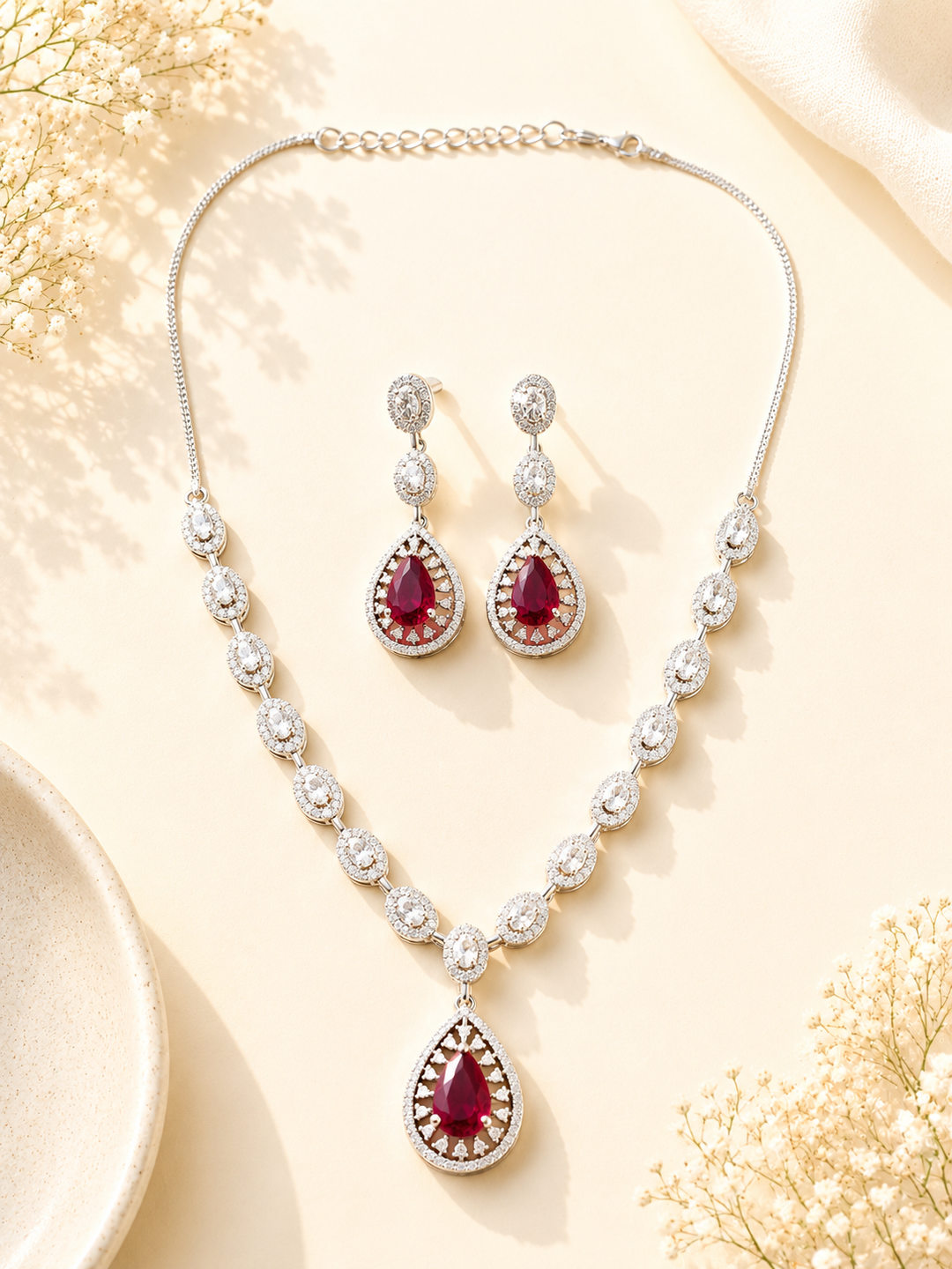 Silver Plated Green Stone Jewellery Set – Luxury Glam | SHOBITAM