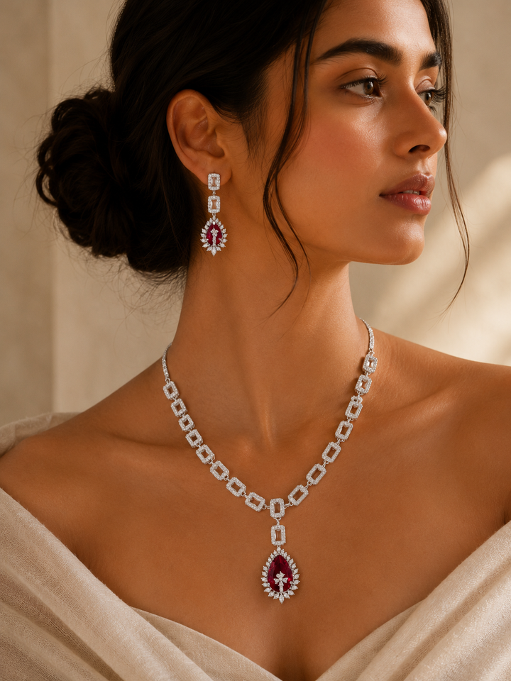Ruby Diamond Look Necklace Set – Sparkling Party Glam | SHOBITAM
