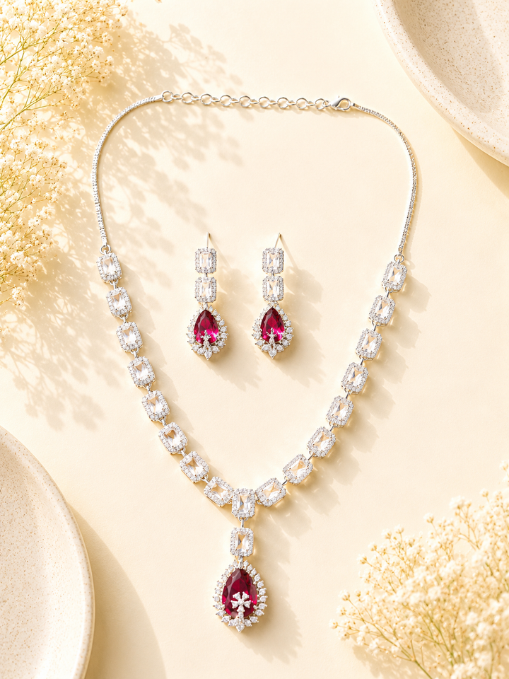 Ruby Diamond Look Necklace Set – Sparkling Party Glam | SHOBITAM