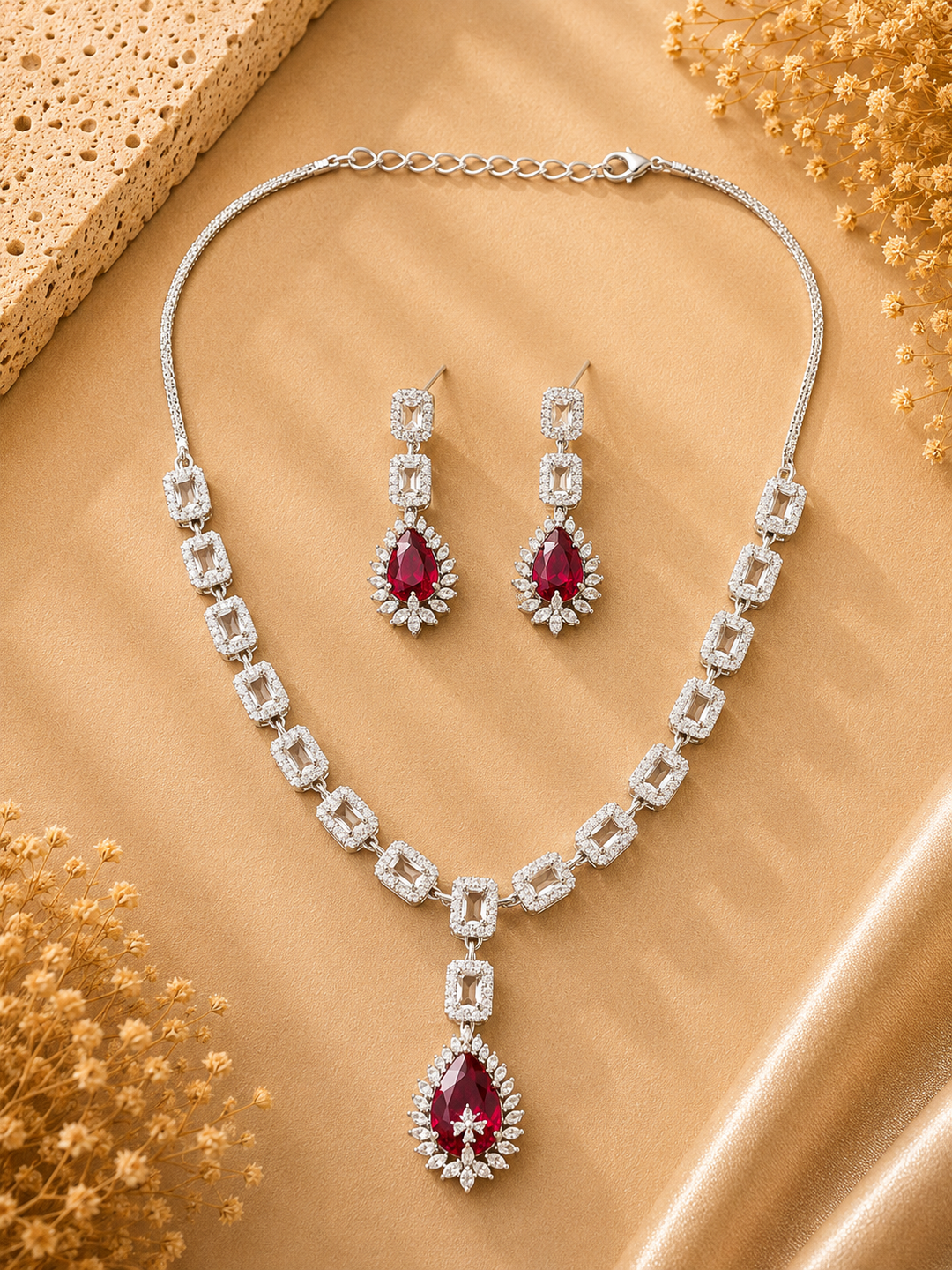 Ruby Diamond Look Necklace Set – Sparkling Party Glam | SHOBITAM