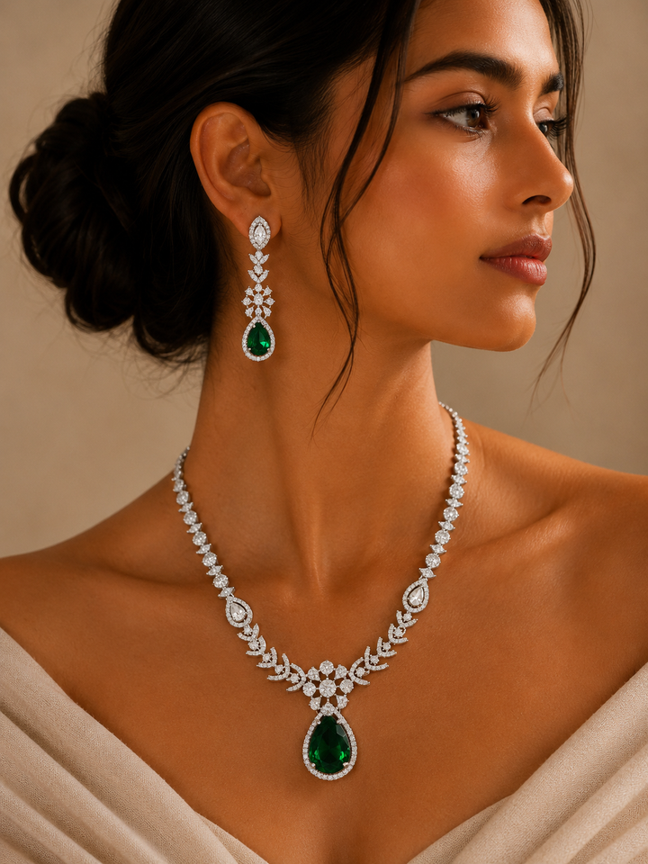 Emerald Teardrop Jewellery Set – Sparkling Regal Glam | SHOBITAM