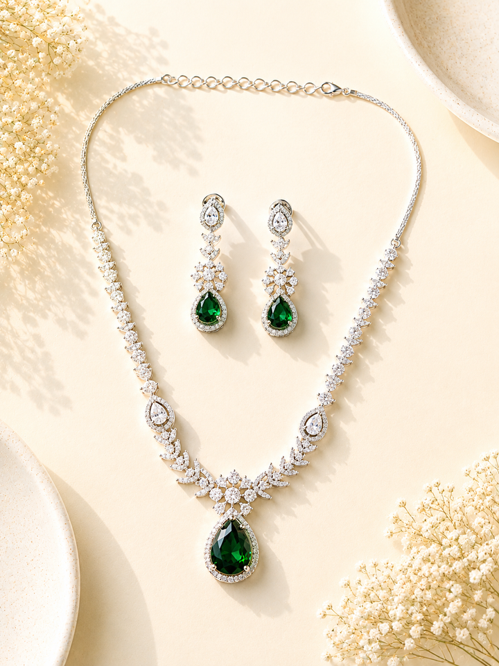 Emerald Teardrop Jewellery Set – Sparkling Regal Glam | SHOBITAM