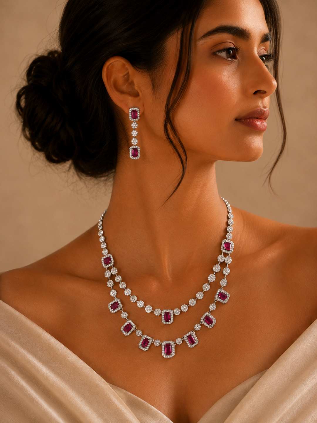 Double Layer Ruby Necklace Set – Stylish Festive Glam | SHOBITAM