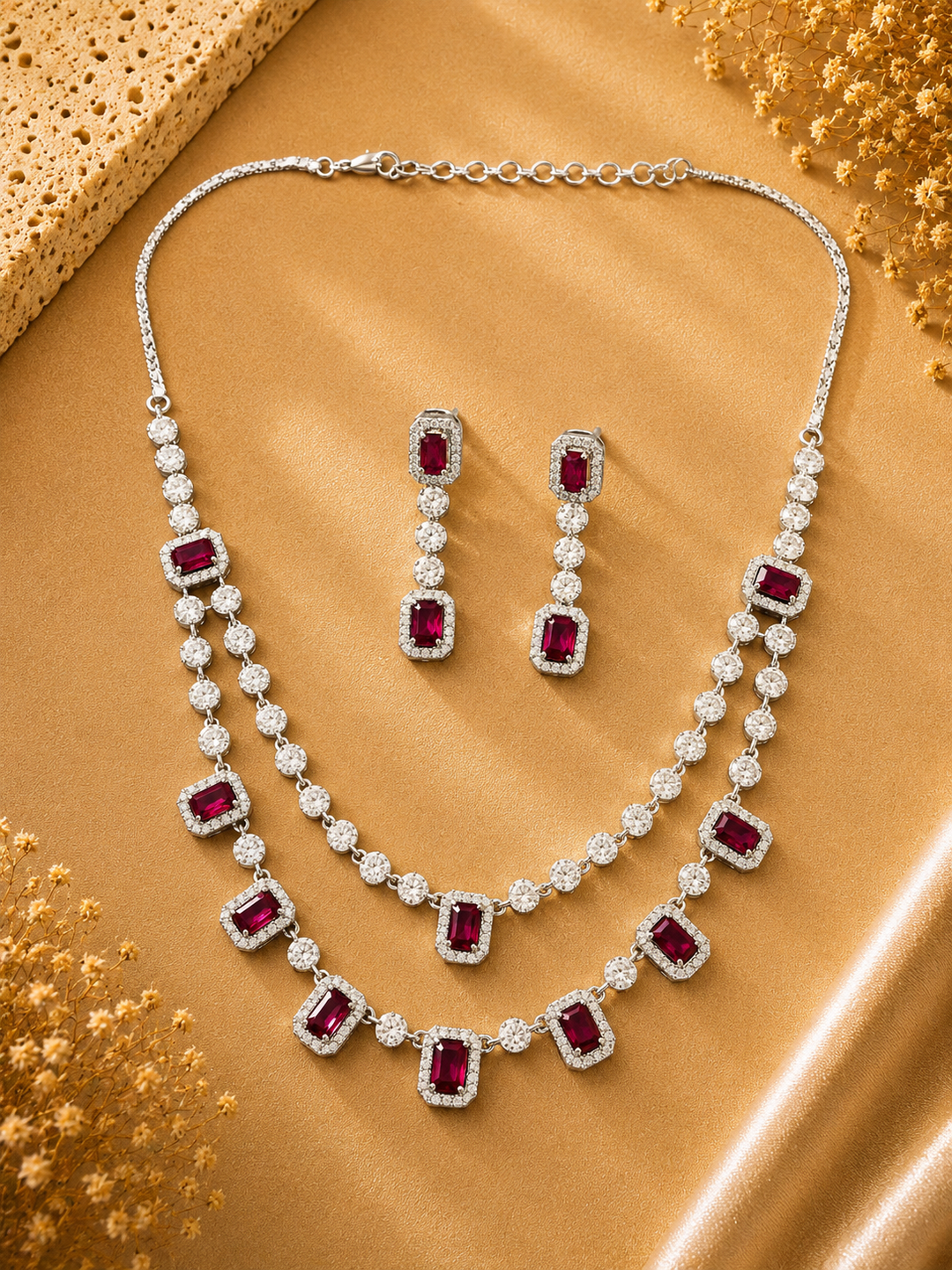 Double Layer Ruby Necklace Set – Stylish Festive Glam | SHOBITAM