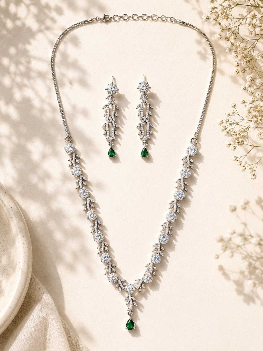 Silver Tone Floral Ruby Necklace Set – Elegant Glam | SHOBITAM