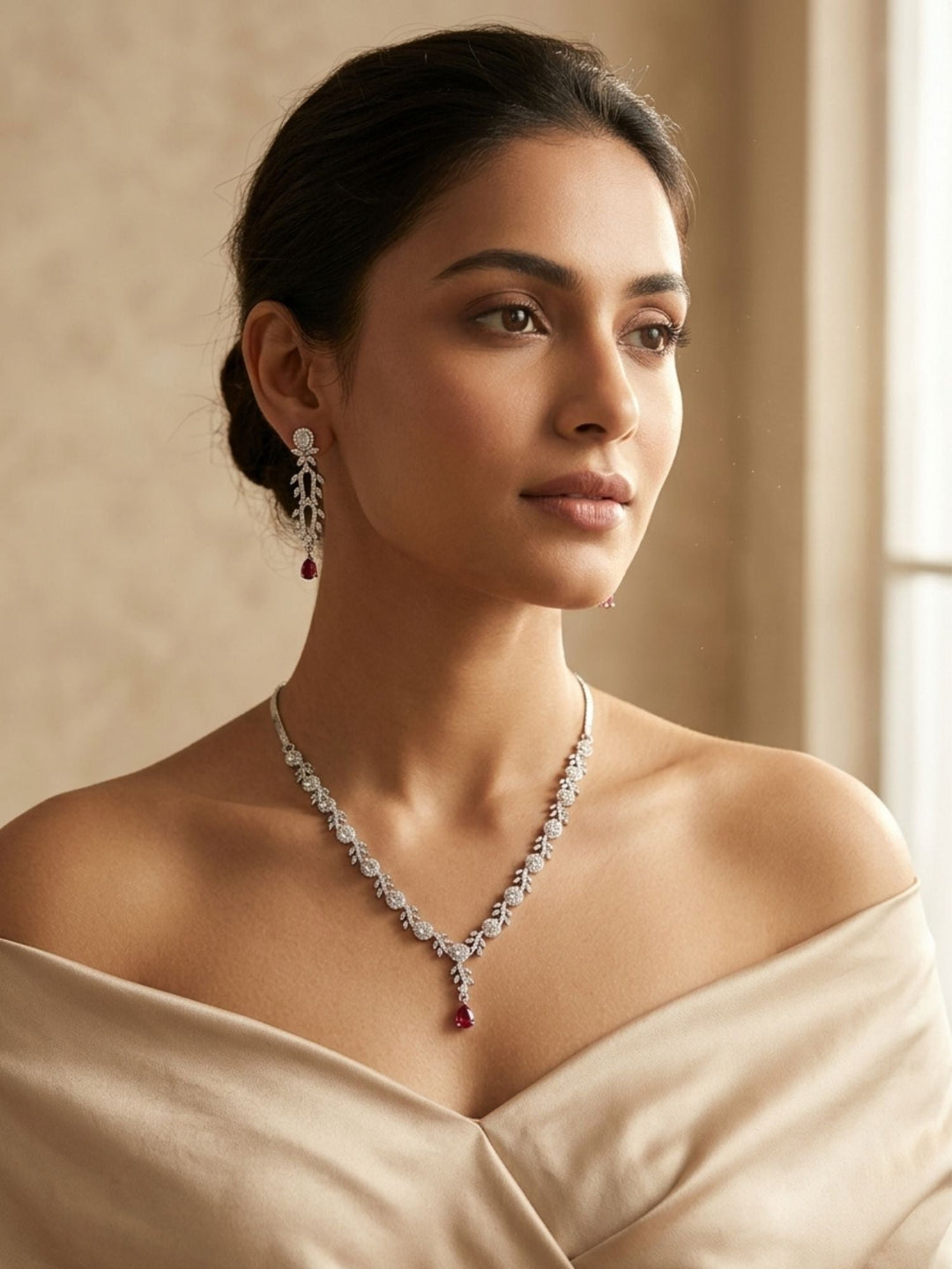 Silver Tone Floral Ruby Necklace Set – Elegant Glam | SHOBITAM