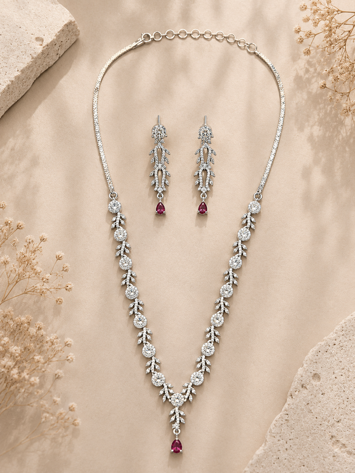 Silver Tone Floral Ruby Necklace Set – Elegant Glam | SHOBITAM