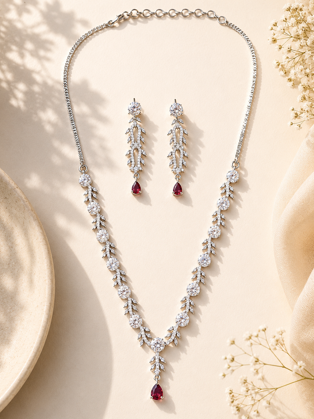 Silver Tone Floral Ruby Necklace Set – Elegant Glam | SHOBITAM