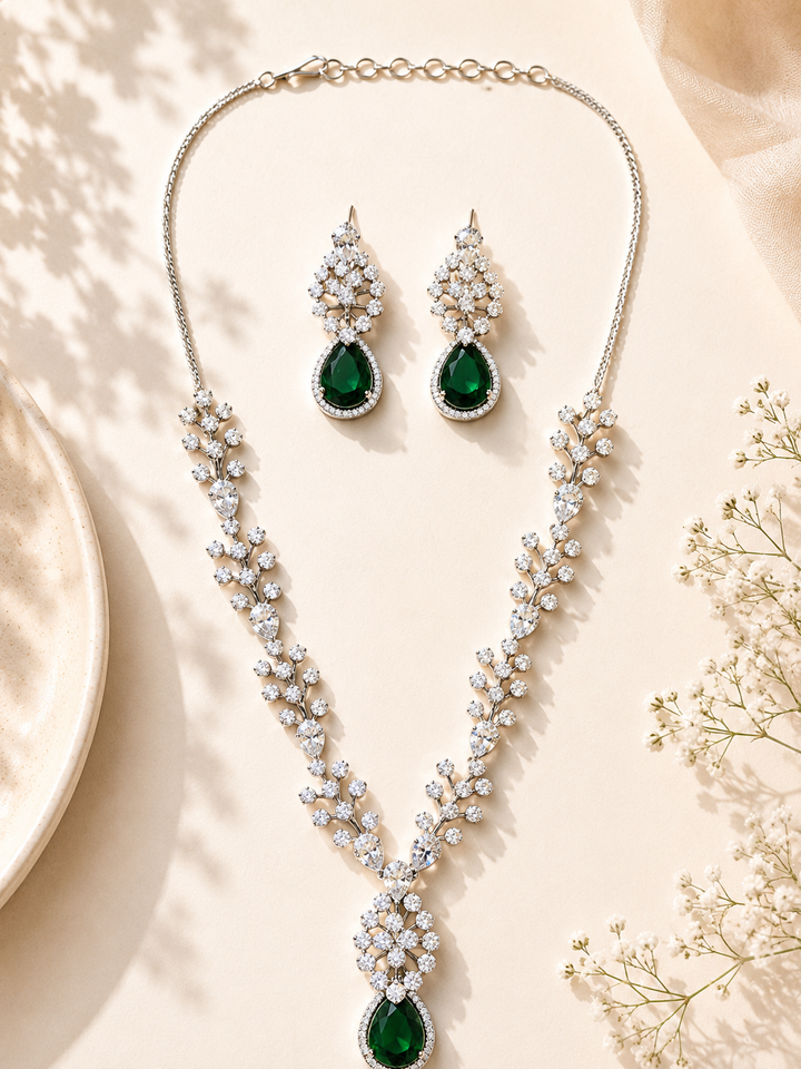 Modern Floral Emerald Jewellery Set – Elegant Party Glam | SHOBITAM
