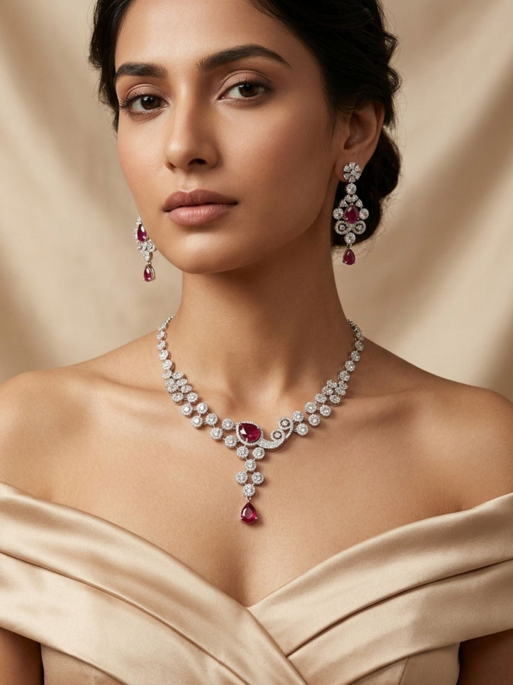 Red CZ Party Wear Jewellery Set – Designer Festive Glam | SHOBITAM