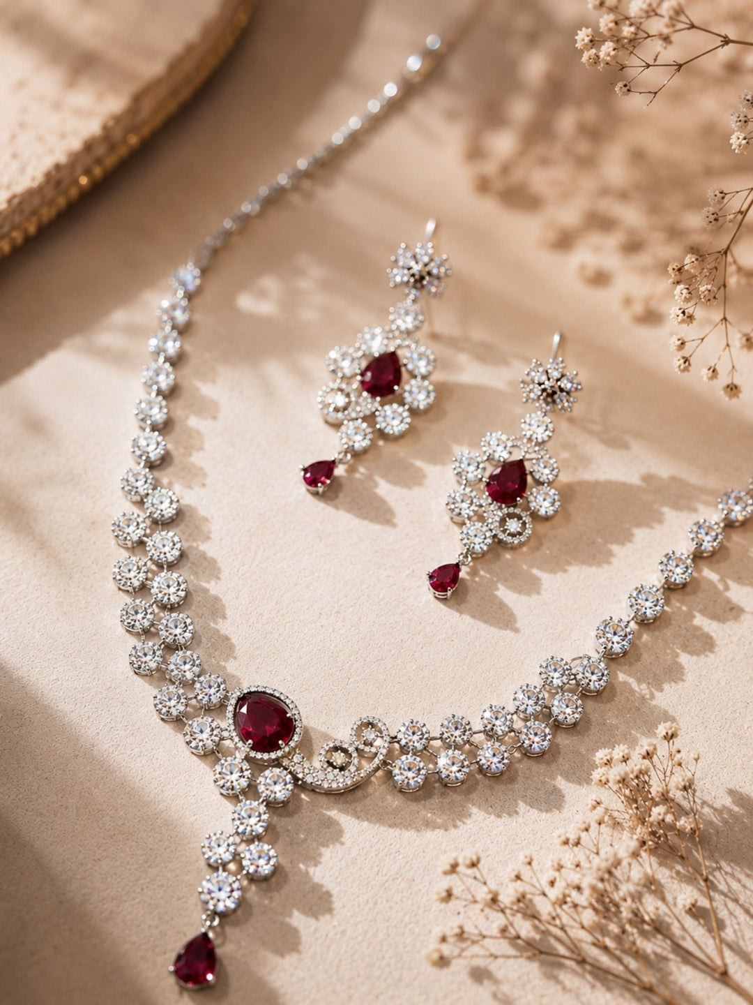 Red CZ Party Wear Jewellery Set – Designer Festive Glam | SHOBITAM