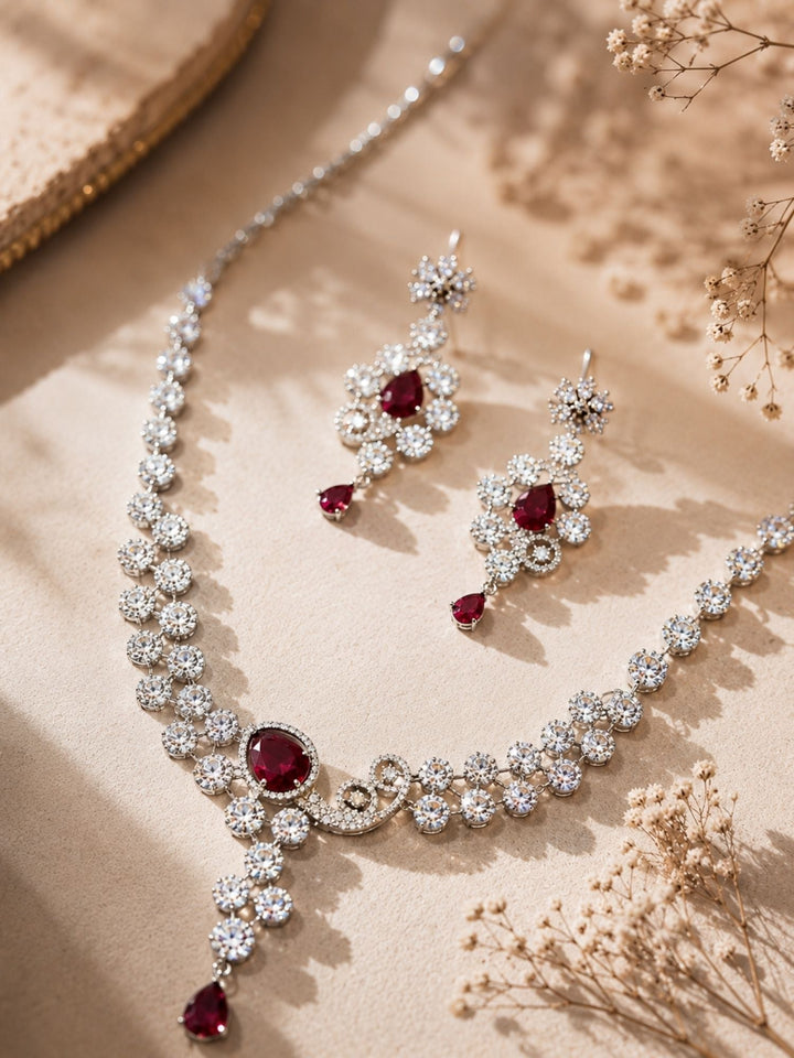 Red CZ Party Wear Jewellery Set – Designer Festive Glam | SHOBITAM