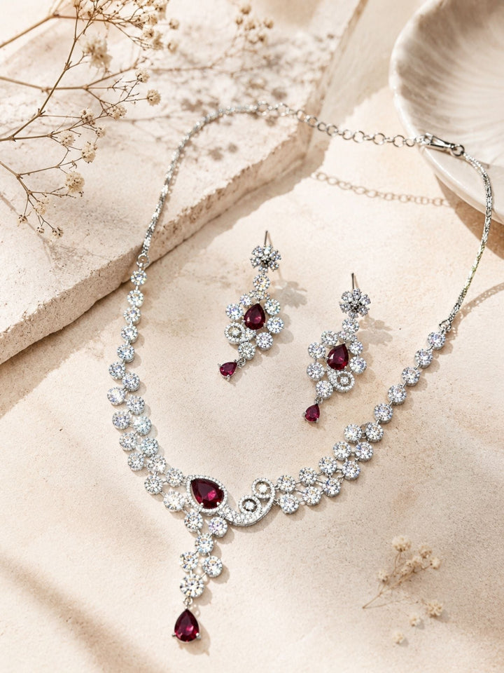 Red CZ Party Wear Jewellery Set – Designer Festive Glam | SHOBITAM