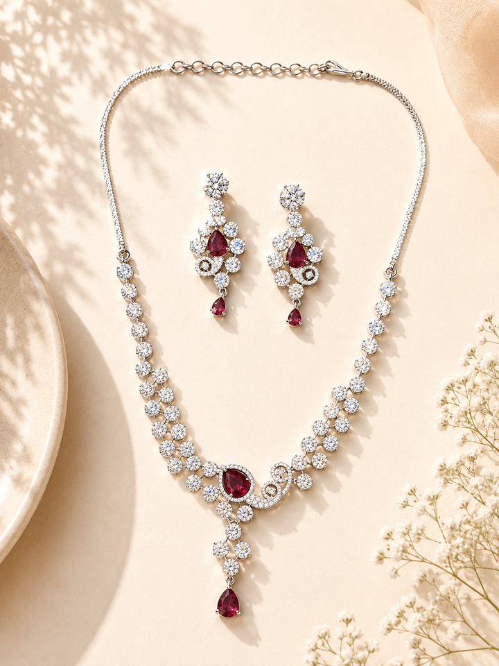 Red CZ Party Wear Jewellery Set – Designer Festive Glam | SHOBITAM