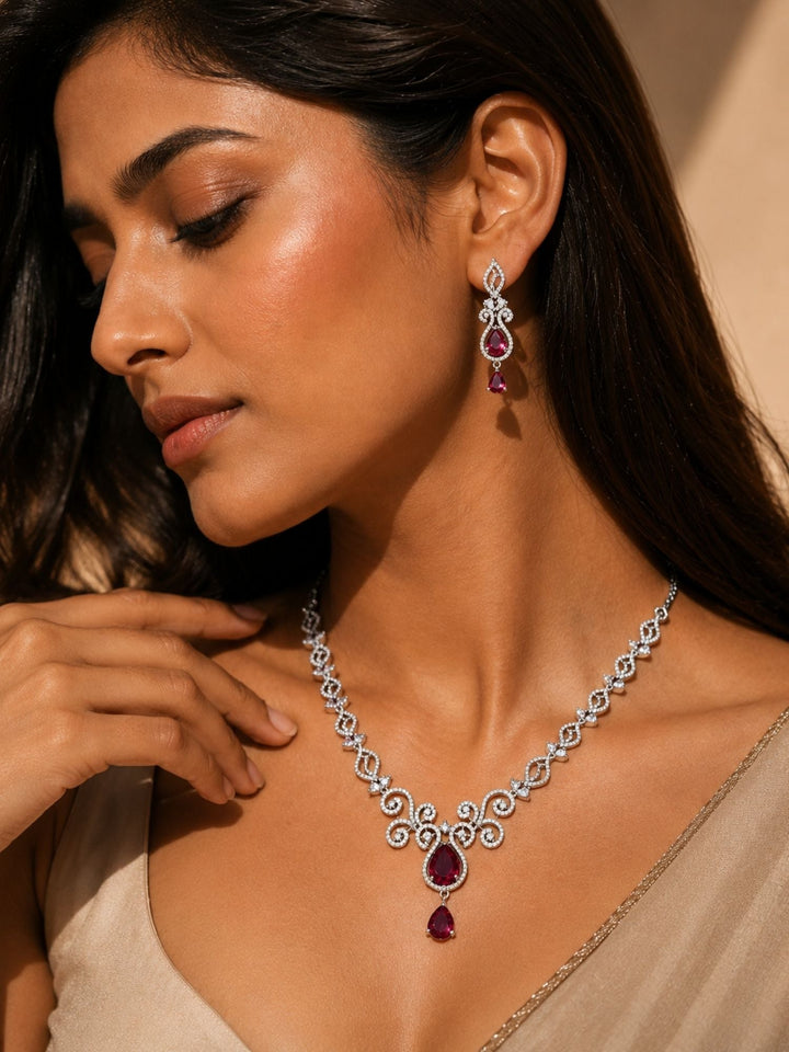 Luxury Ruby Swirl Necklace Set – Elegant Party Glam | SHOBITAM