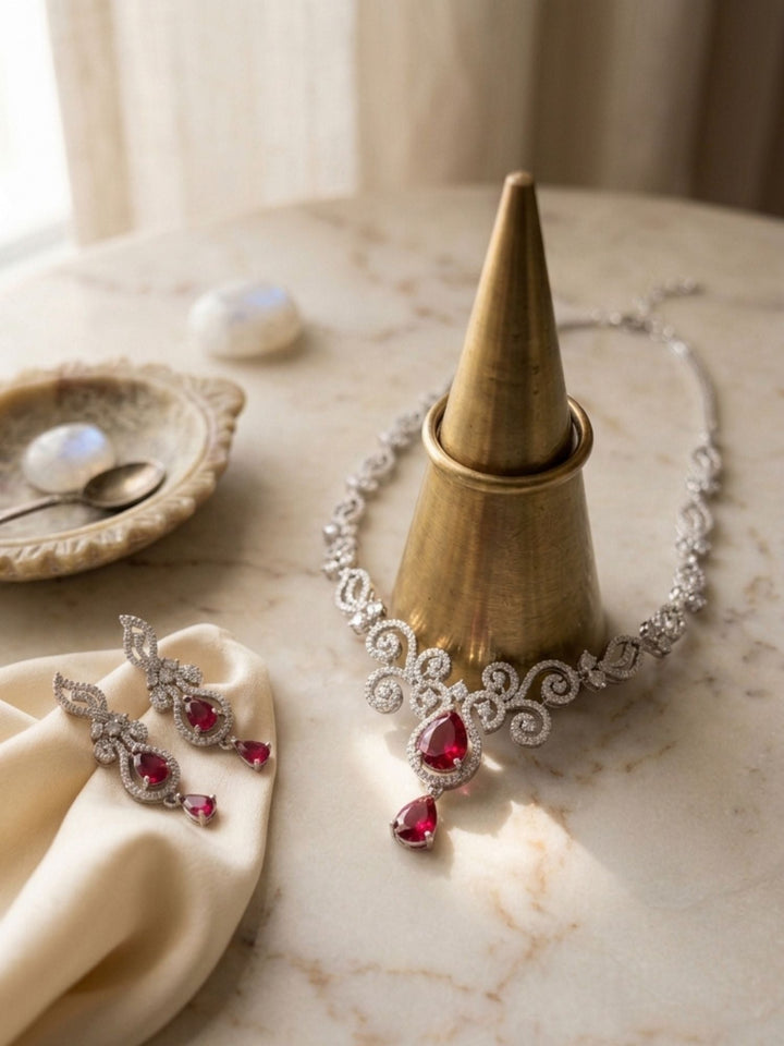 Luxury Ruby Swirl Necklace Set – Elegant Party Glam | SHOBITAM