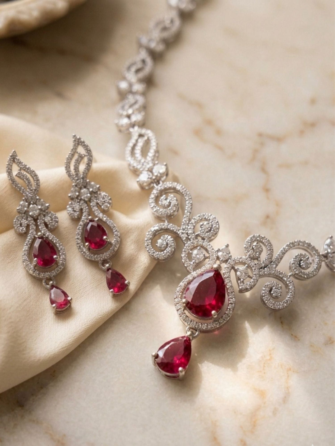 Luxury Ruby Swirl Necklace Set – Elegant Party Glam | SHOBITAM