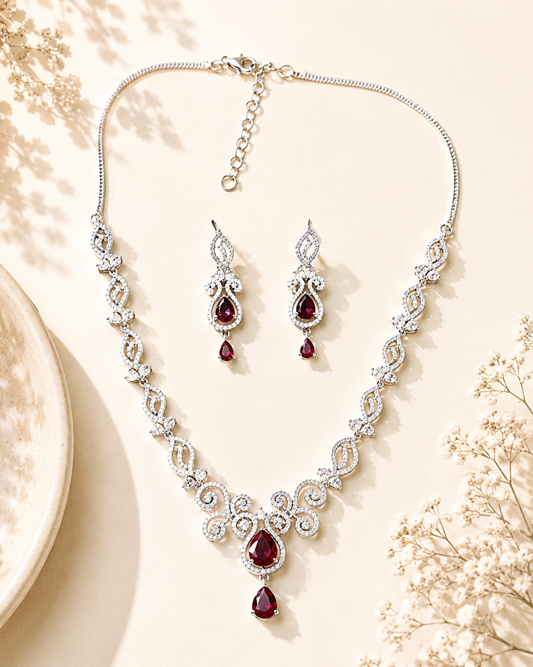 Luxury Ruby Swirl Necklace Set – Elegant Party Glam | SHOBITAM