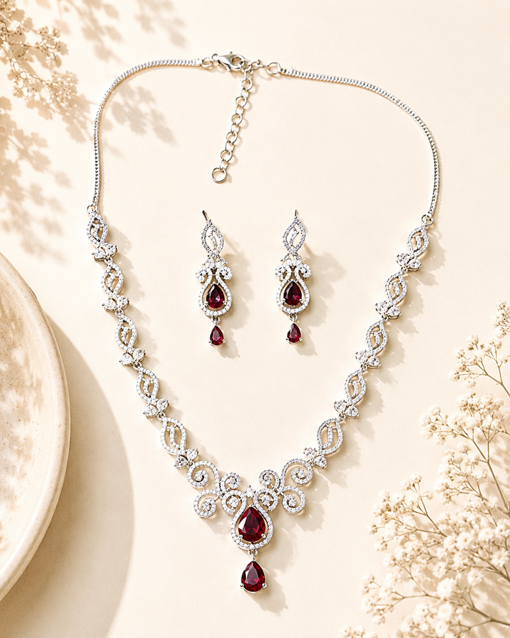Luxury Ruby Swirl Necklace Set – Elegant Party Glam | SHOBITAM