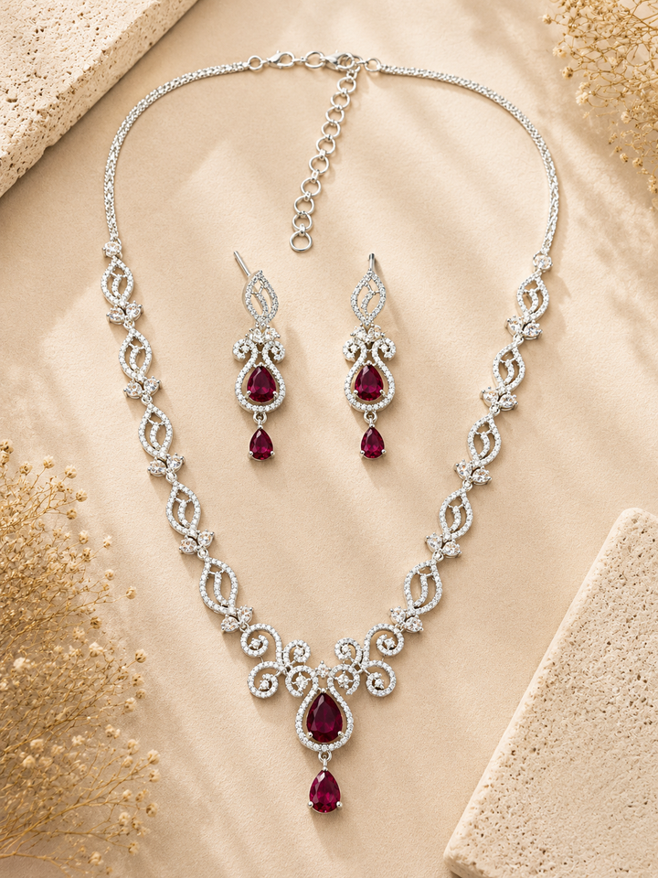 Luxury Ruby Swirl Necklace Set – Elegant Party Glam | SHOBITAM