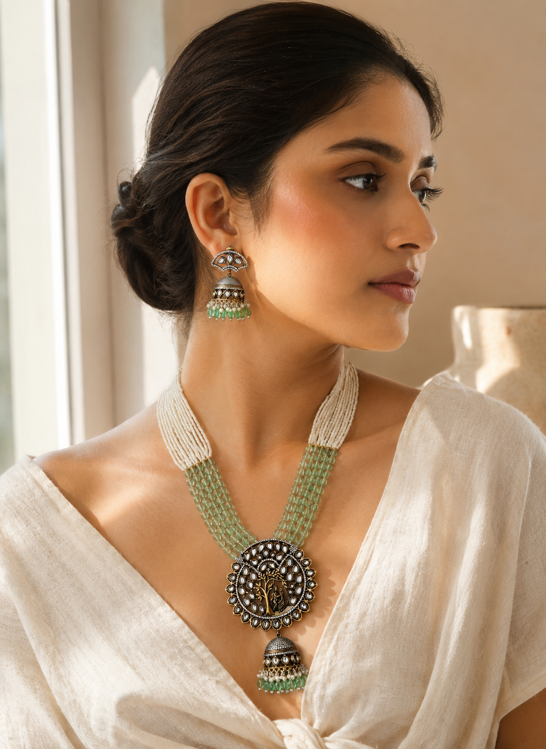 Traditional Polki Beaded Long Necklace Set – Royal Ethnic Glam | SHOBITAM