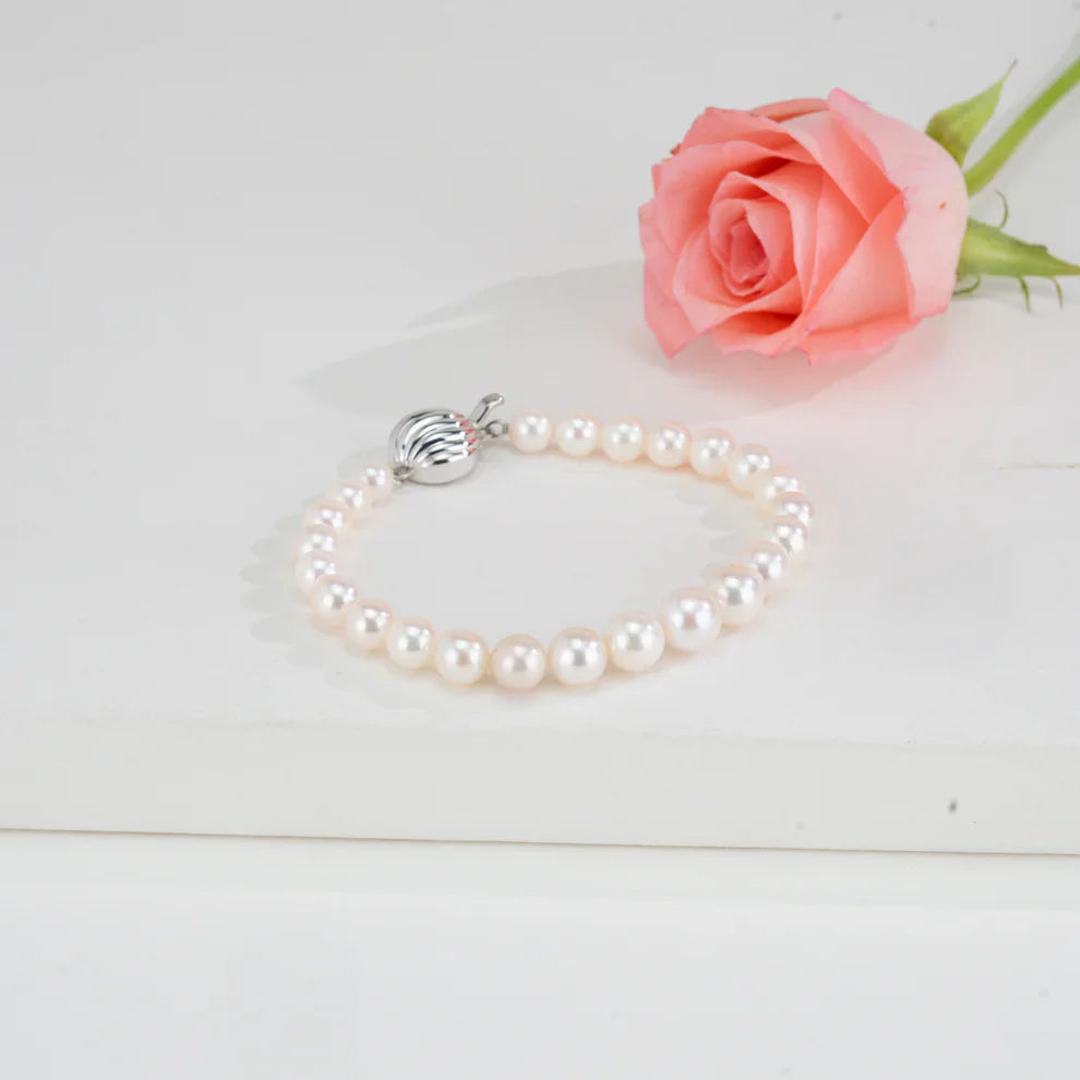 7.0-8.0mm White Round Akoya Saltwater Pearl Bracelet - AA Quality | SHOBITAM
