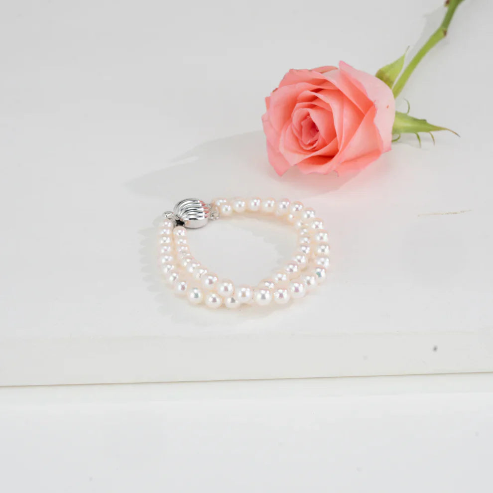 6.0-7.0mm Round White Akoya Saltwater Pearl Bracelet - AA Quality | SHOBITAM