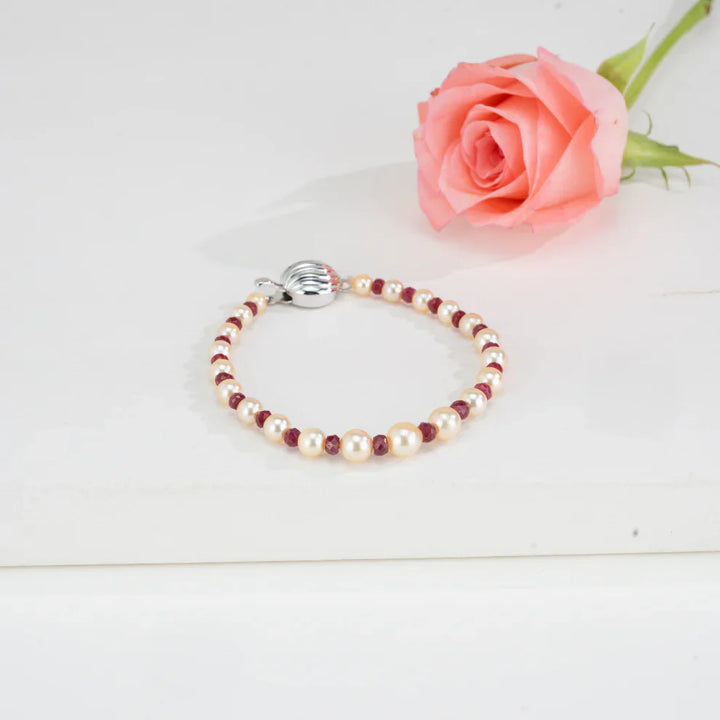 5.0-6.0mm Natural Ruby And Golden Akoya Saltwater Pearl Bracelet - AA Quality