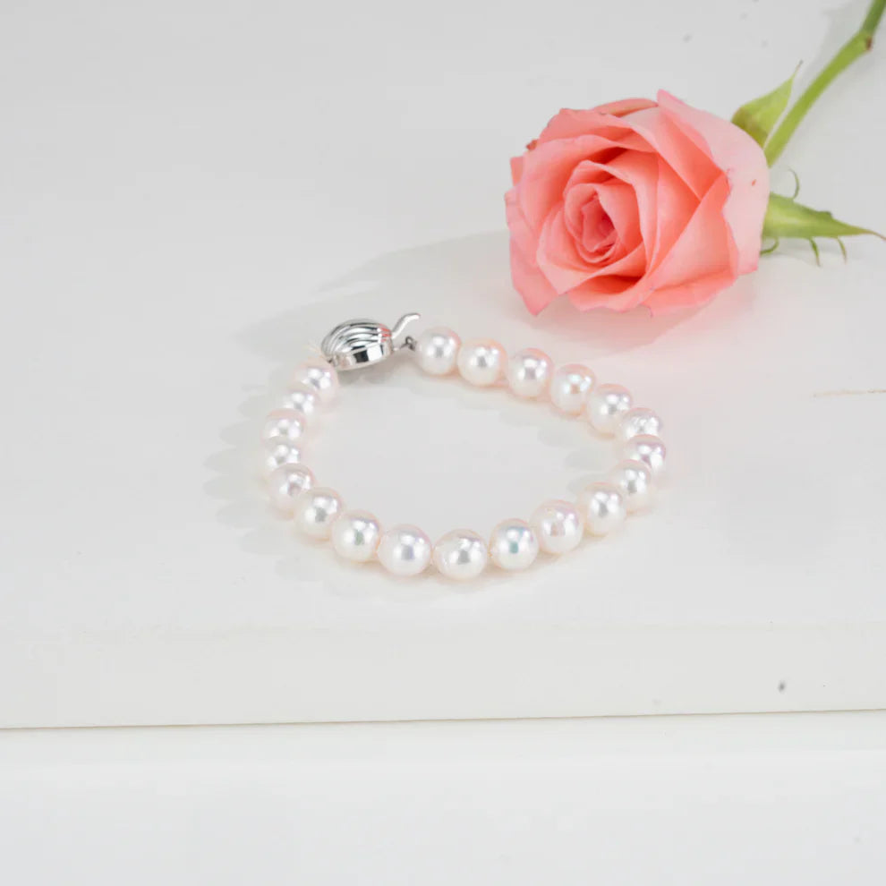 8.0-9.0mm White Round Grading Akoya Saltwater Pearl Bracelet - A Quality | SHOBITAM