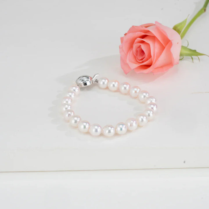 8.0-9.0mm White Round Grading Akoya Saltwater Pearl Bracelet - A Quality | SHOBITAM