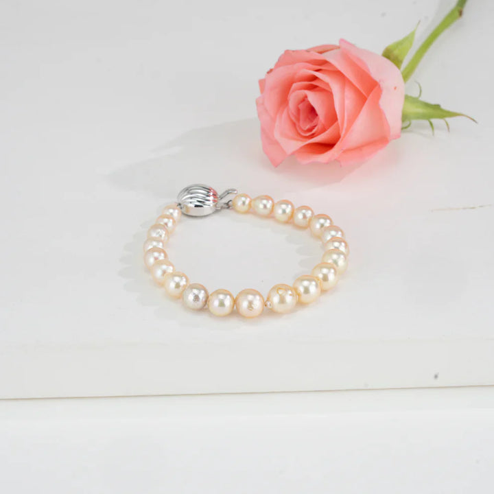 7.0-8.0mm Round Golden Akoya Saltwater Pearl Bracelet - AA Quality | SHOBITAM