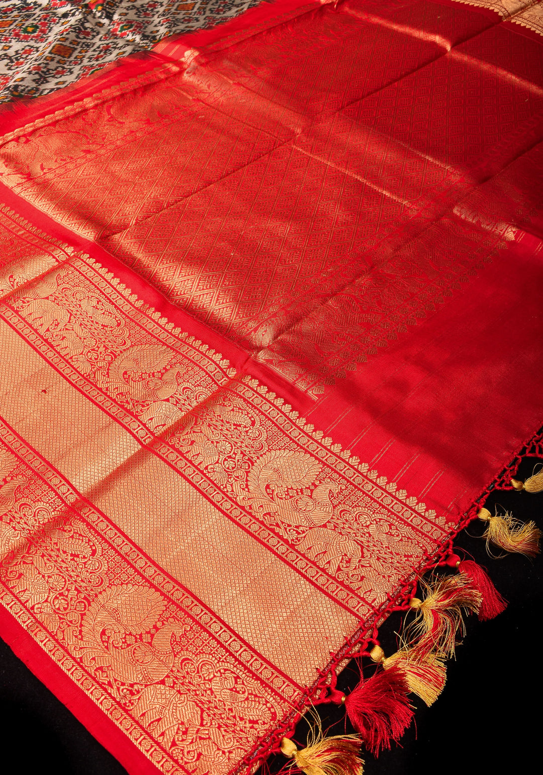 Gray and Red Ikkat Kanjivaram Fusion Silk Saree | SILK MARK CERTIFIED