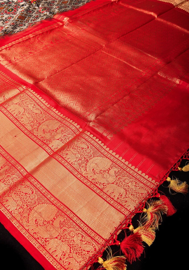 Gray and Red Ikkat Kanjivaram Fusion Silk Saree | SILK MARK CERTIFIED