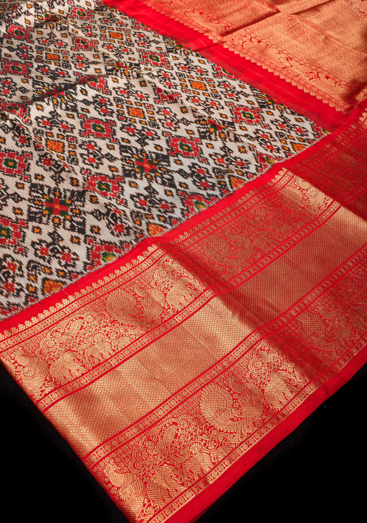 Gray and Red Ikkat Kanjivaram Fusion Silk Saree | SILK MARK CERTIFIED